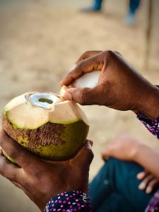 a person holding a coconut in their hand